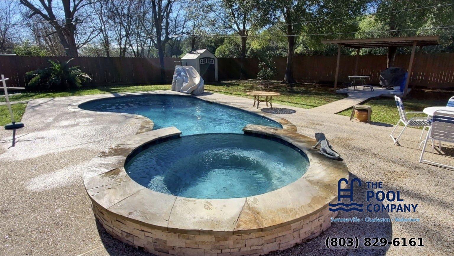 Oval pool with stamped concrete deck - pool maintenance Charleston SC